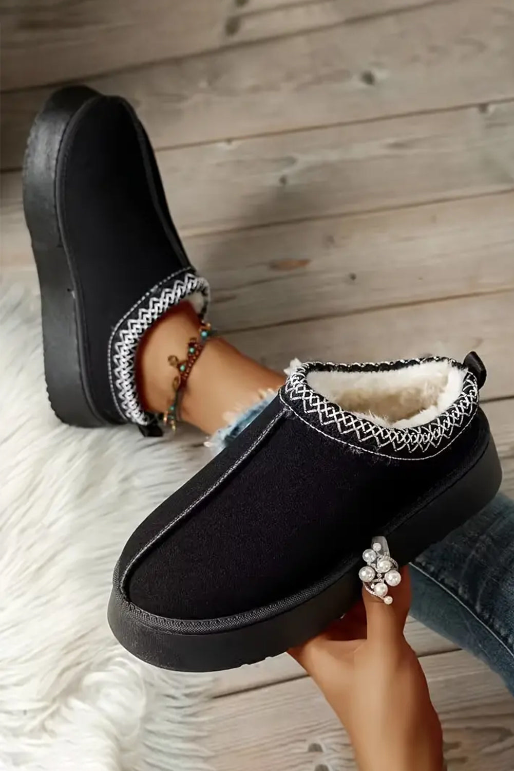 Black Suede Plush Winter Boots