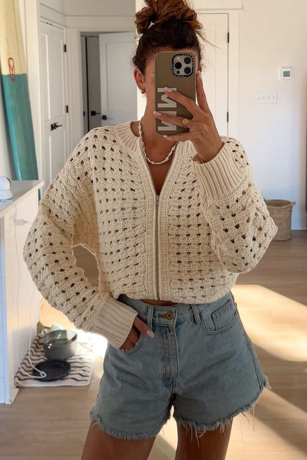 Zaluva™ | Beige Stickad Kofta med Dragkedja
