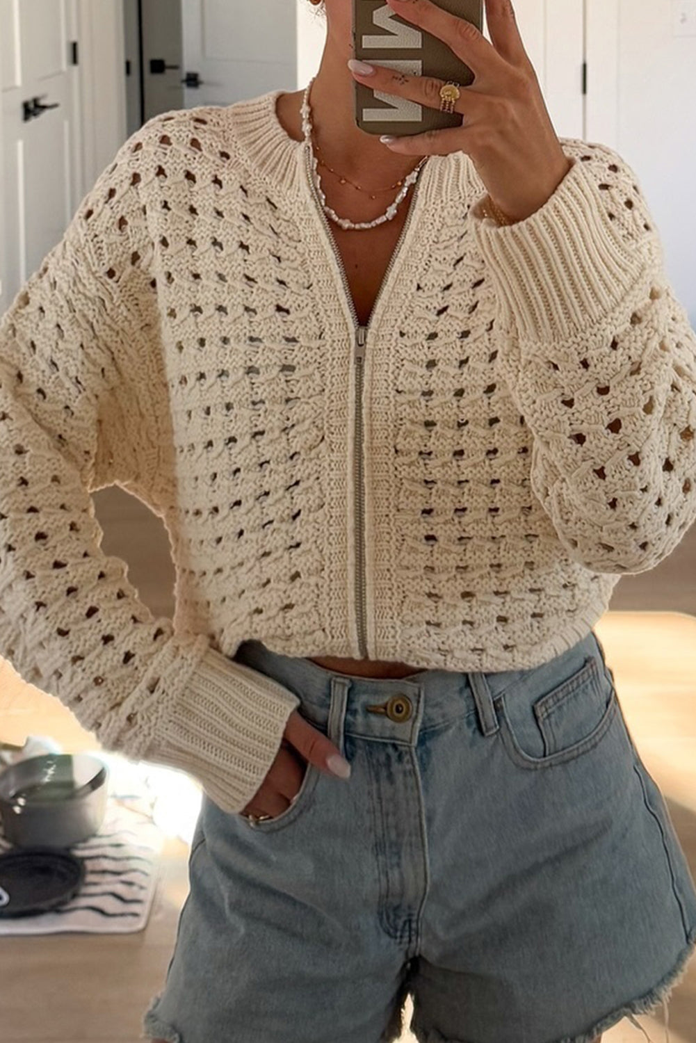 Zaluva™ | Beige Stickad Kofta med Dragkedja