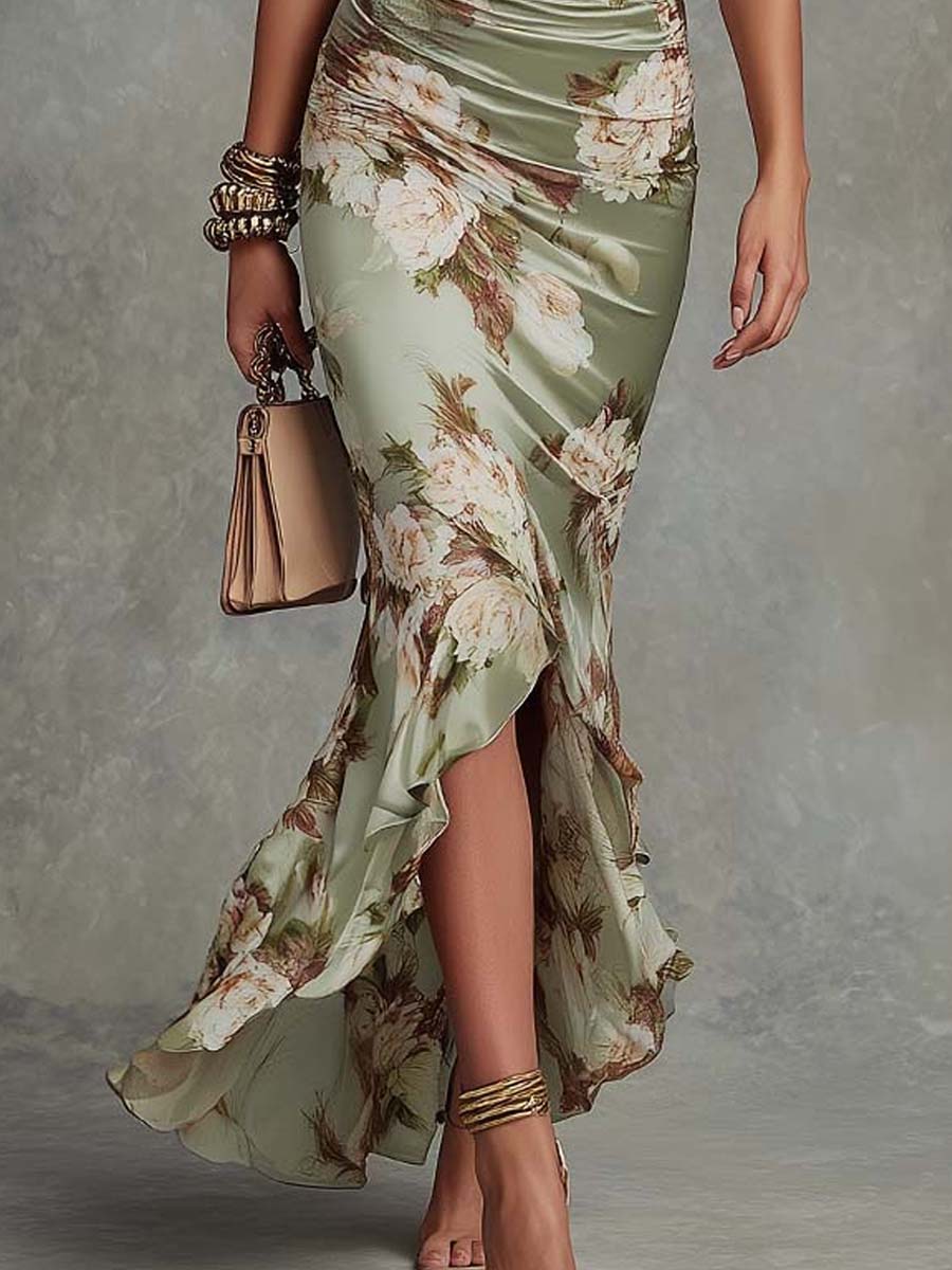 Anastasia | Abito lungo asimmetrico in satin verde