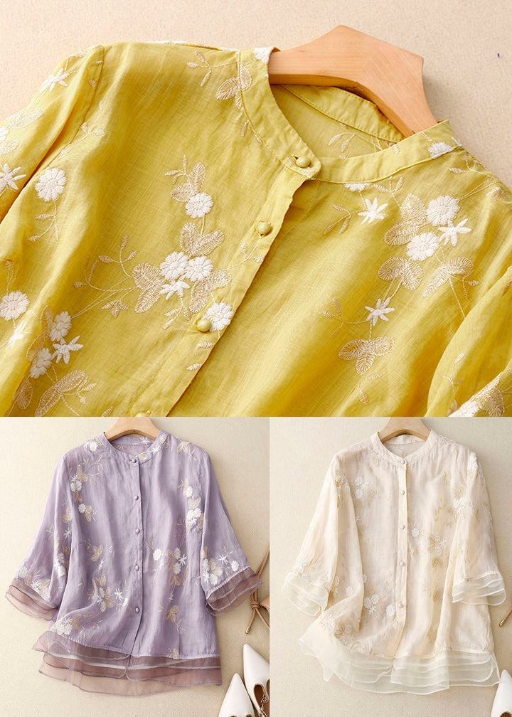 Nika™ – Elegant Broderad Blus i Bomull och Linne