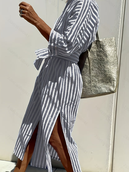 Christine | Striped Print & Button Closure with Belt