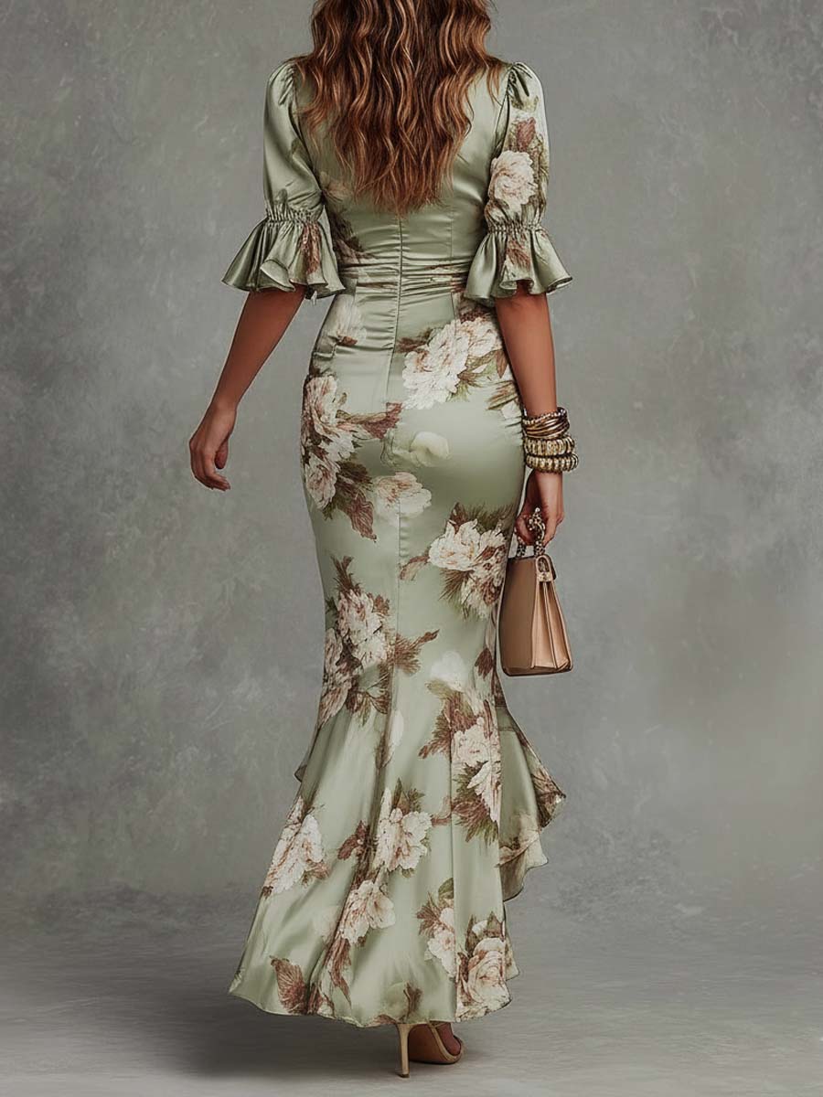 Anastasia | Abito lungo asimmetrico in satin verde