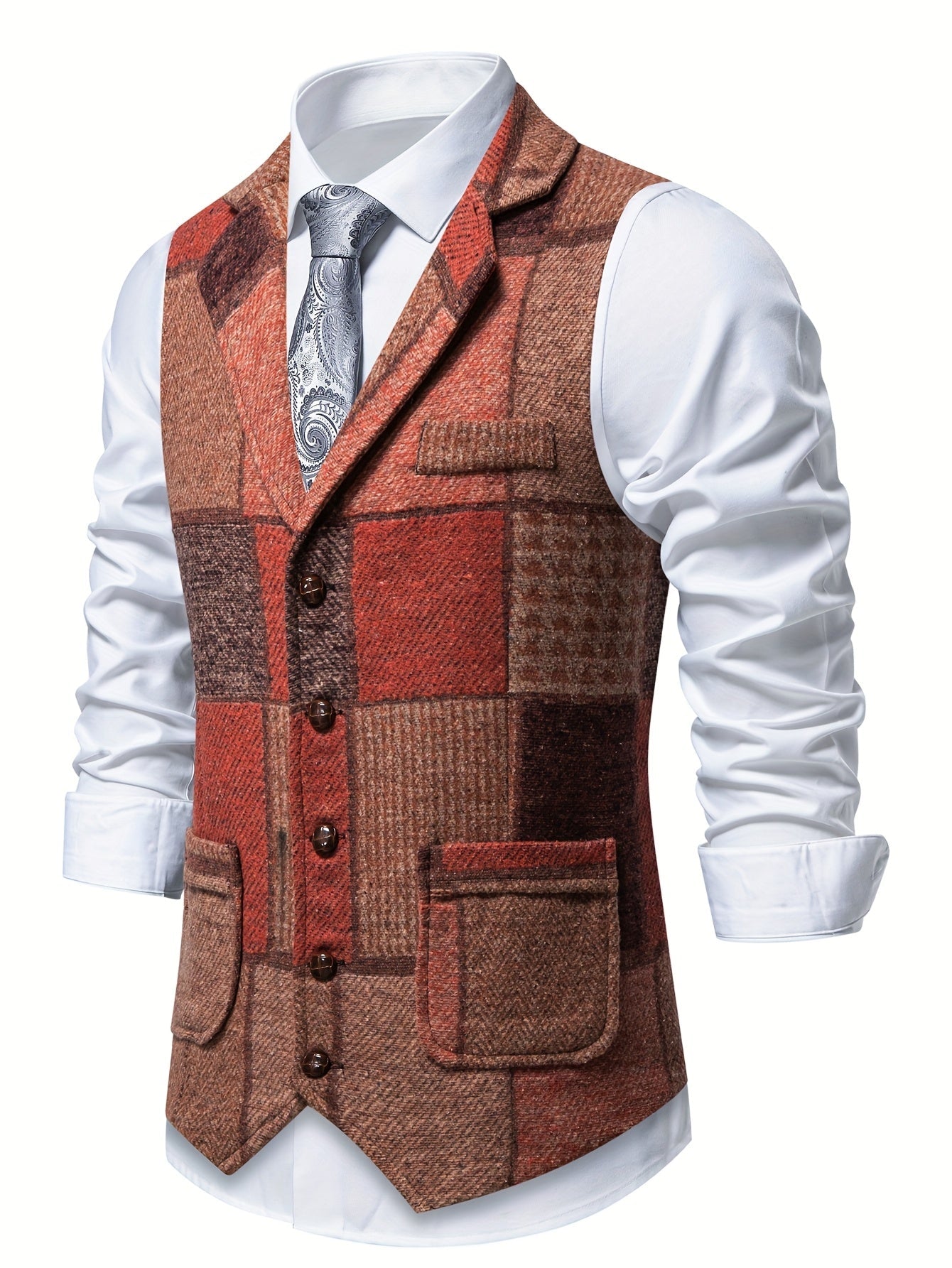 Leo | Gilet in Tweed Patchwork con Motivo a Spina di Pesce