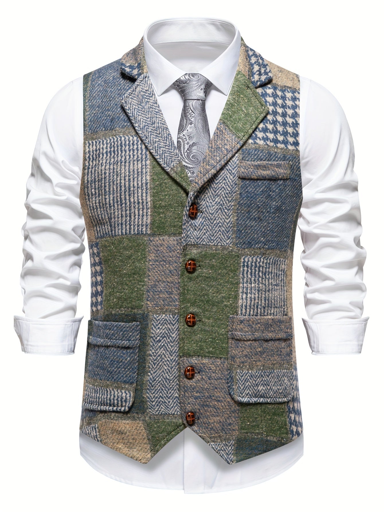 Leo | Gilet in Tweed Patchwork con Motivo a Spina di Pesce
