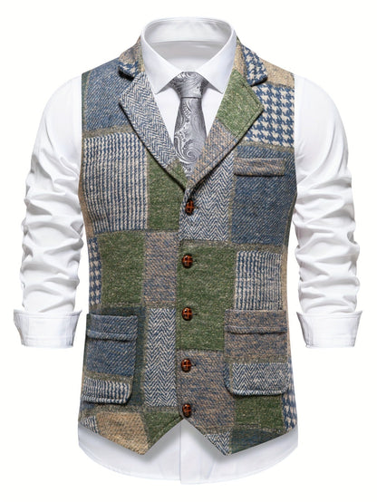 Leo | Gilet in Tweed Patchwork con Motivo a Spina di Pesce