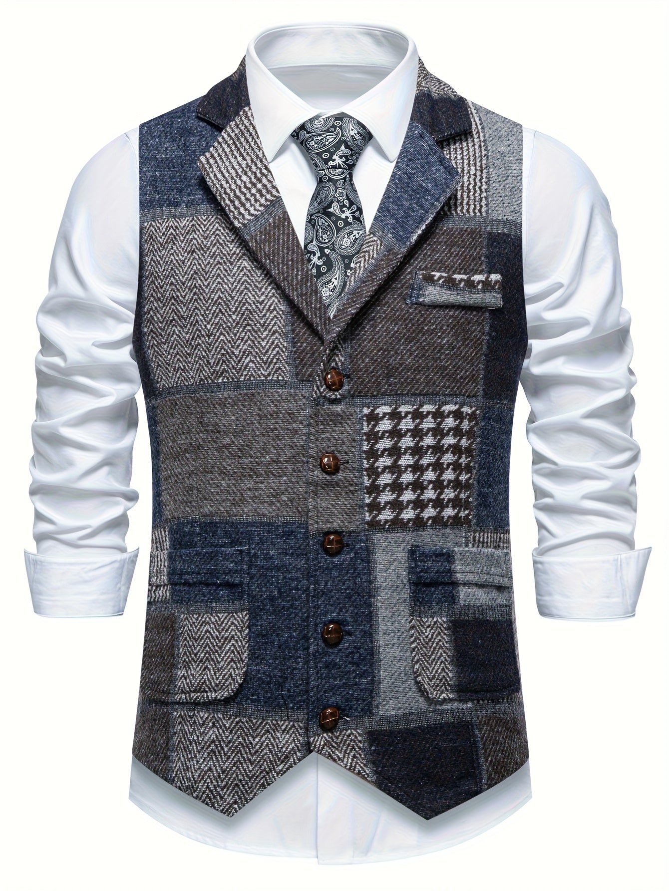 Leo | Gilet in Tweed Patchwork con Motivo a Spina di Pesce