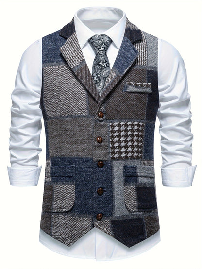 Leo | Gilet in Tweed Patchwork con Motivo a Spina di Pesce