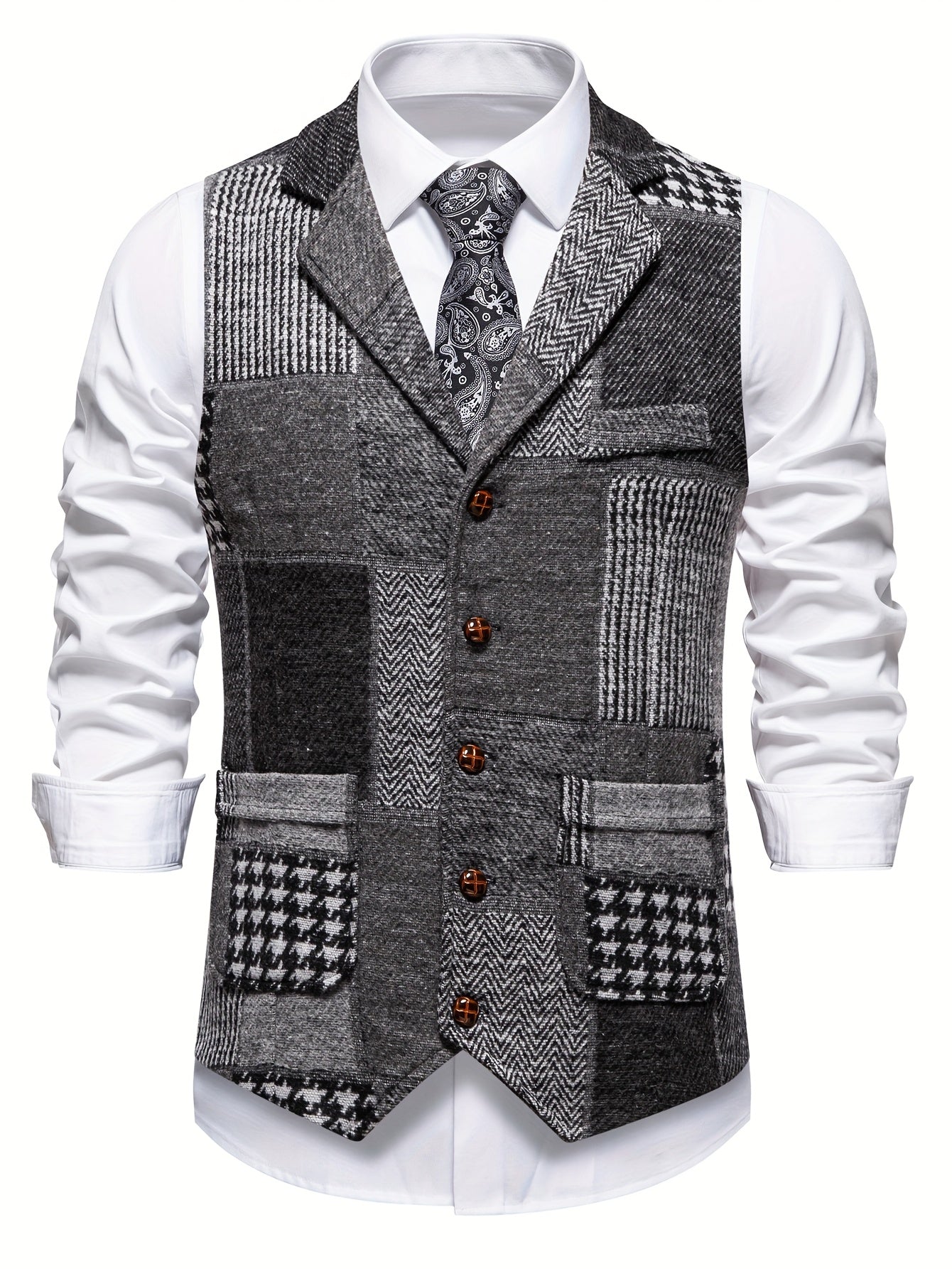Leo | Gilet in Tweed Patchwork con Motivo a Spina di Pesce