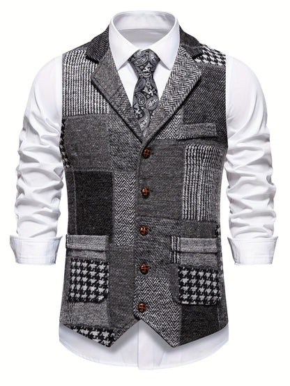 Leo | Gilet in Tweed Patchwork con Motivo a Spina di Pesce